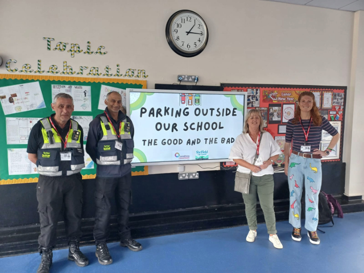 LAC team and wardens with local councillors delivering Good Bad Parking Scheme in Schools